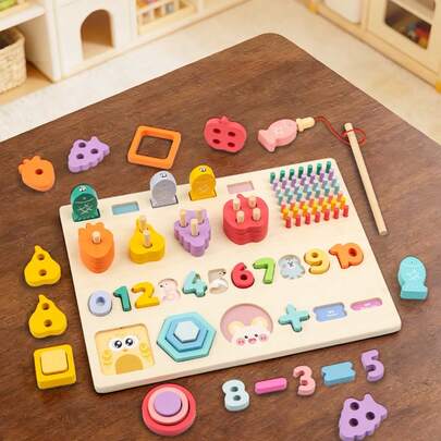 2-In-1/3-In-1/5-In-1 Wooden Multifunctional Matching Board, Color, Shape, Number Recognition, Counting, Fishing Early Educational Toy For Children