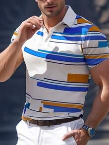 Men's Striped Short Sleeve Casual Commuter Polo Shirt - White - View 4