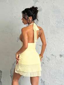 1pc Sexy Halter Backless Summer Dress, Butter Yellow, Suitable For Valentine's Day, Elegant Party & Holiday Wear For Women Wedding Spring - Yellow - View 5