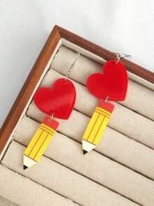 1 Pair Casual Cute Cartoon Pencil & Red Heart Shaped Earrings, Fashion Minimalist Design For Back To School, Teacher's Day - Heart-shaped Pencil - View 2