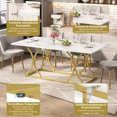 Matbord 200*80cm, för 8-10 personer, modern design i marmorlook, 2,5 cm tjock bordsskiva, vattentät och reptålig, guldfärgade metallben med justerbara glidfästen, lämplig för vardagsrum och matsal