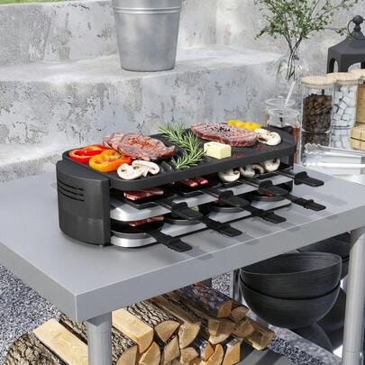 VA-Cerulean Raclette Grill For 8 People, Dual Heating Levels 1600W, Natural Grill Stone & Non-Stick Grill Plate, Table Grill With 8 Pans, Adjustable Temperature, Electric Party Grill