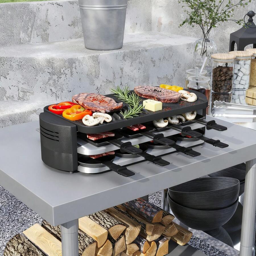 VA-Cerulean Raclette Grill For 8 People, Dual Heating Levels 1600W, Natural Grill Stone & Non-Stick Grill Plate, Table Grill With 8 Pans, Adjustable Temperature, Electric Party Grill - Black - View 1