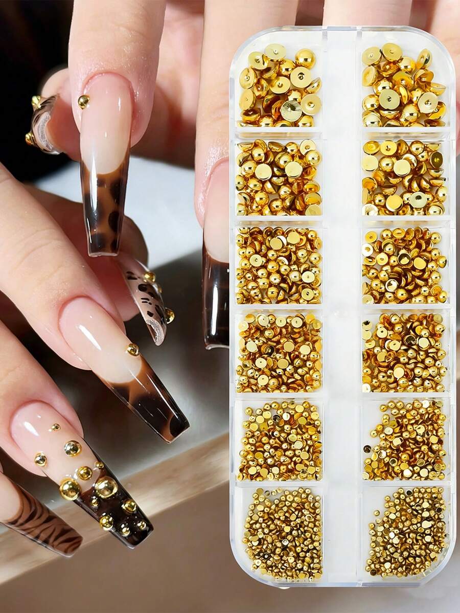 1pc12-Grid Mixed Gold Semi-Circular Faux Pearls Of Different Sizes DIY Nail Art Decoration Accessories Nails Nail Supplies Nail Charms - Gold - View 1