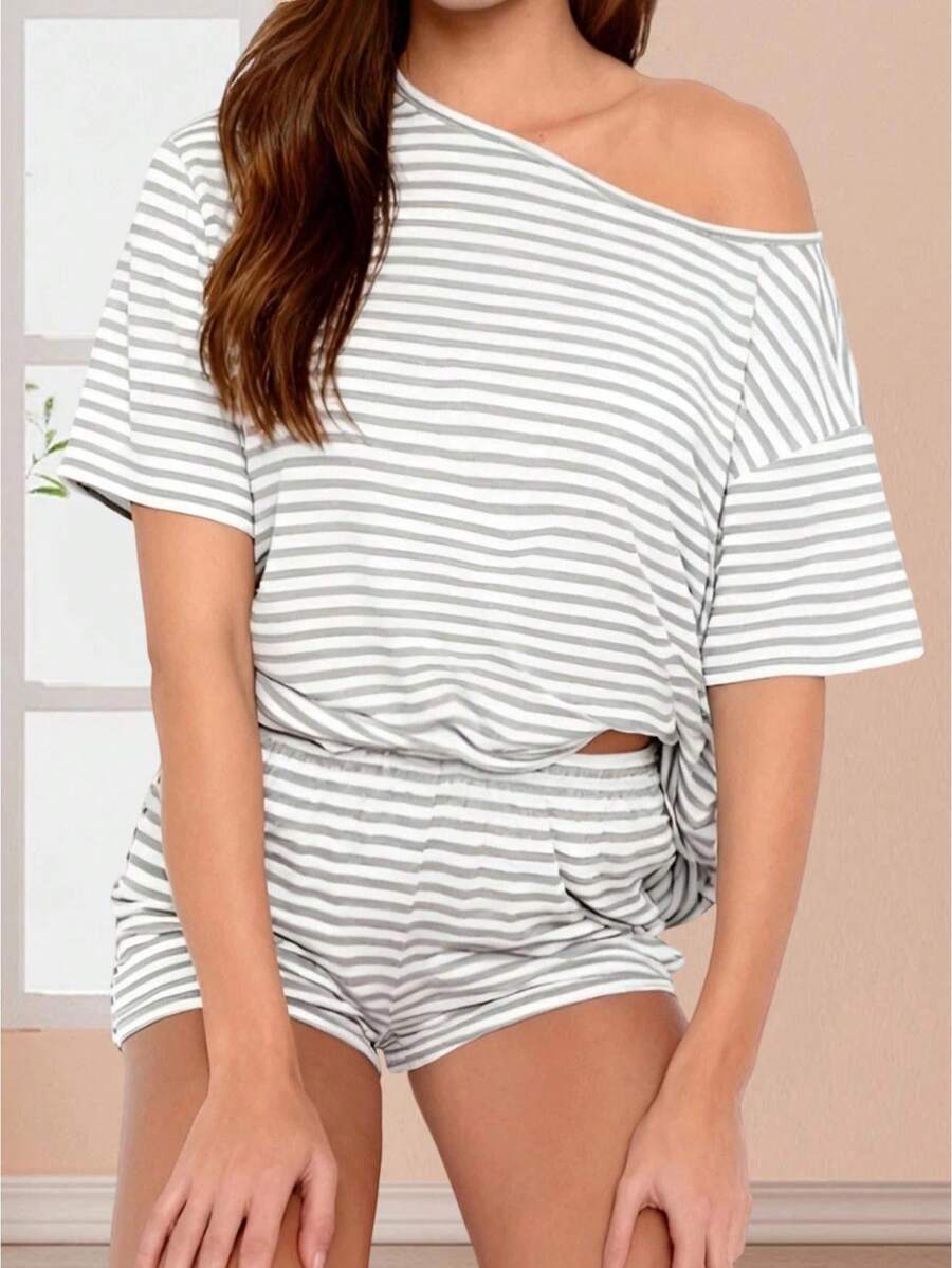 Women Summer Pajama Set Solid Color Off Shoulder Short Sleeve Tops And Mini Shorts 2 Piece Lounge Outfit - Light Grey - View 1