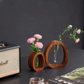 [Regalo de alta gama] Jarrón de madera de nogal y tubo de vidrio | Botella de aromaterapia de diseño minimalista | Decoración del hogar para la sala de estar, la mesa del comedor | Regalo para días festivos (Día de la Madre/Día de la Mujer/Eid Al-Fitr) | Arreglo floral y difusor de aceites esenciales | Decoración de hotel y apartamento | Elevar el arte estético