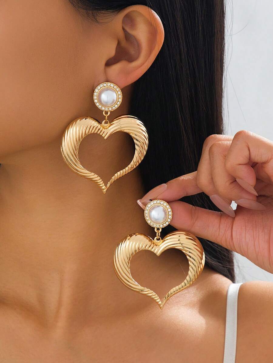 1 Đôi bông tai hình trái tim đính đá và ngọc trai giả, thích hợp cho các bữa tiệc, họp mặt, đeo hàng ngày, là món quà đa năng dành cho phái nữ. - Vàng - Xem 1