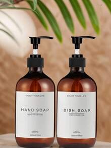 2pcs/Set 500ml Refillable Hand Soap And Dish Soap Dispenser Set, Reusable For Kitchen And Bathroom - Amber - View 2