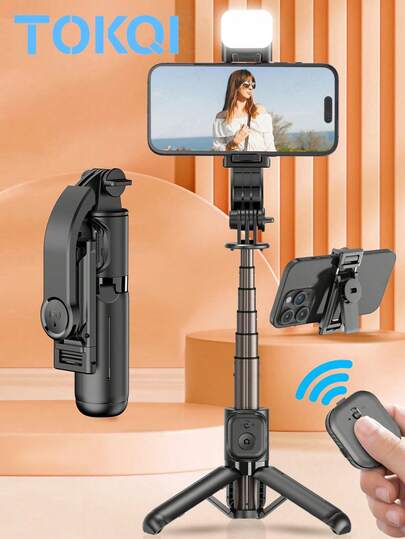 TOKQI 迷你可伸缩自拍杆三脚架，带三合一彩色补光灯、360°旋转手机支架和无线遥控器，口袋大小，适合户外、Vlog、直播、录像等场景。