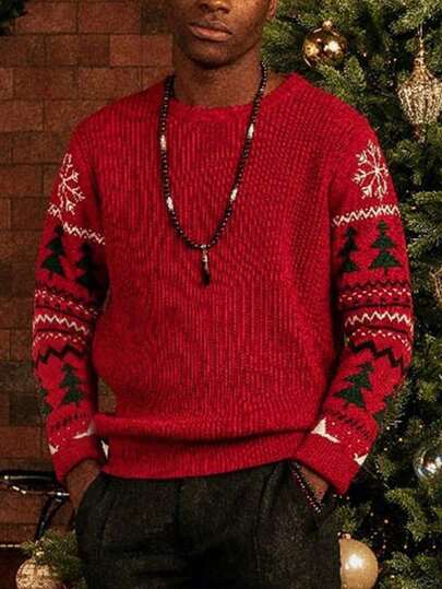NITAGUT Men's Casual Loose Snowflake & Christmas Tree Jacquard Knit Sweater, Suitable For Christmas