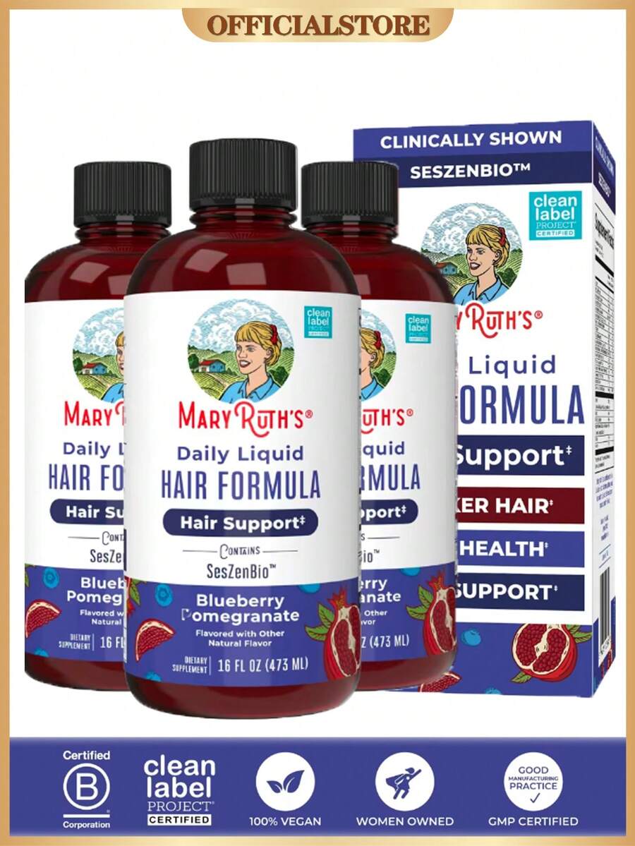 Daily Liquid Hair Formula | Hair & Scalp Nutrition Supplement | With SesZenBio™, Biotin & Vitamin C | Blueberry Pomegranate Flavor | 16 Fl Oz - 3 Bottles - 查看 1