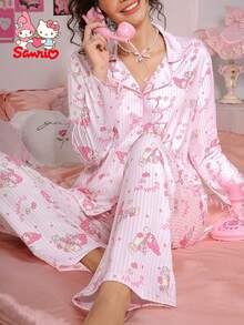 Sanrio 两件套女士睡衣套装，粉色竖条纹长袖上衣和长裤睡衣，可爱家居服套装 - 淺粉色 - 查看 2