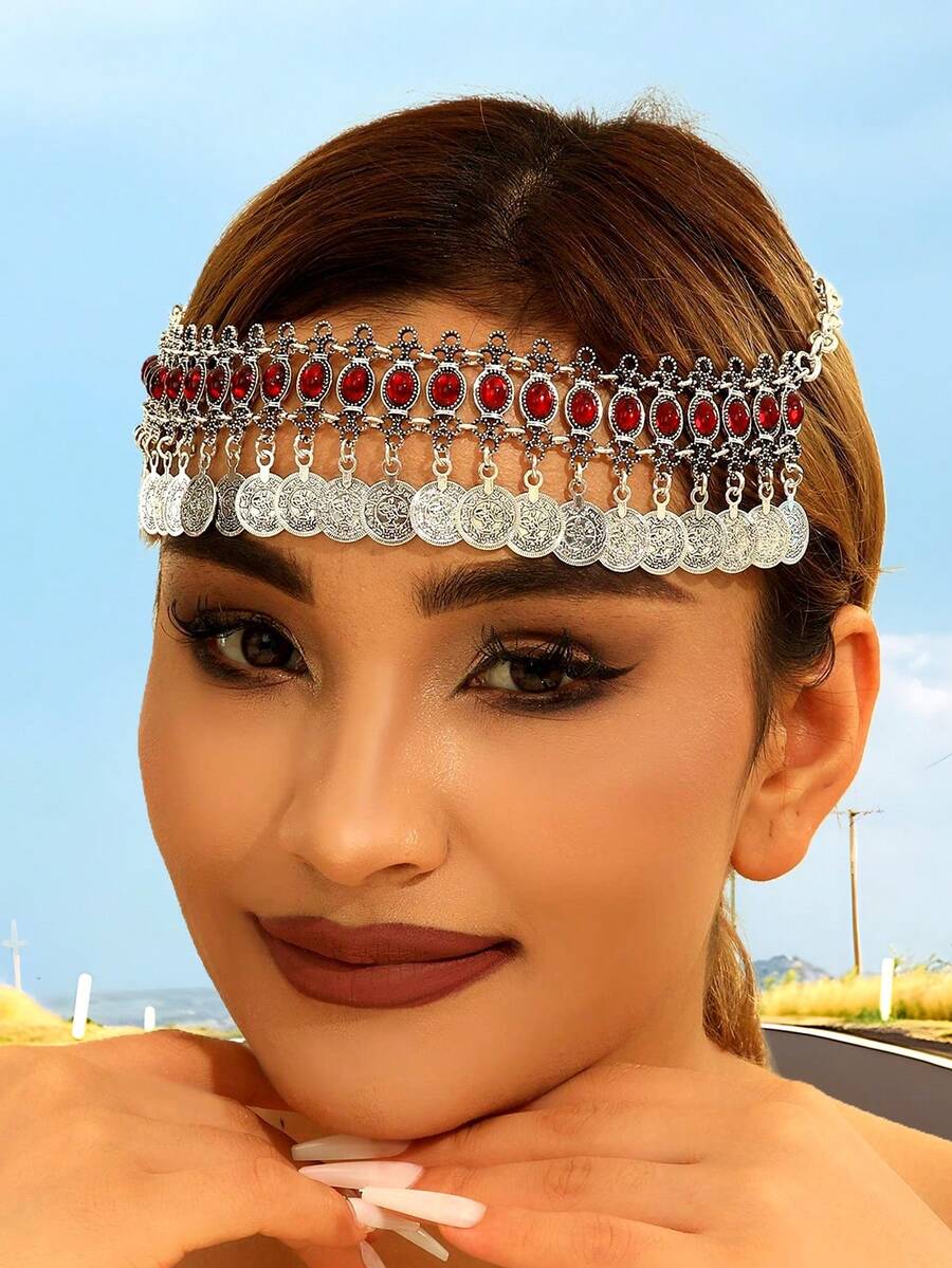 1 chiếc dây chuyền đội đầu phong cách Bohemian cổ điển dành cho nữ, trang sức 2 trong 1, phụ kiện cài tóc tua rua hình đồng xu, thích hợp cho các bữa tiệc và tụ họp của phụ nữ. - bạc cổ - Xem 1