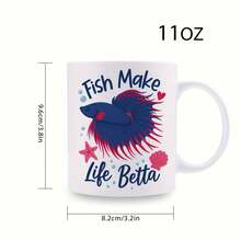 1pc 11oz Fish Make Life Betta Ceramic Mug - Blue & Red Betta Fish (Betta Fish) Design Coffee Tea Cup With Black & Lid-Like Glossy Edges, Microwave & Dishwasher, Aquarium-Themed Fish Lovers, Pet Owners, Birthdays - trắng - Xem 9
