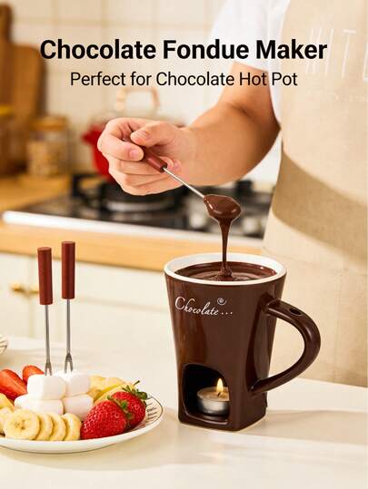 Ceramic Chocolate Melting Pot With Fork - Warmer For Cheese Cups (Multiple Colors) | Christmas/New Year Gift Box, Suitable For Family And Holiday Gatherings