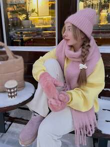 1 Peça Novo Lenço Roxo Felpudo e com Borlas Leve para Mulheres, Xale Quente e Confortável, À Prova de Vento e Quente para Uso Externo, Simples e Versátil para Uso Diário, Outono/Inverno - roxo claro - Visão 3