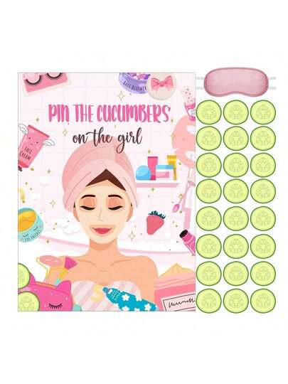 Spa Party Game Kit - 38pcs Set With Pin The Cucumbers Poster, Blindfolds & Stickers - Perfect For Makeup Parties & Spa Themed Events