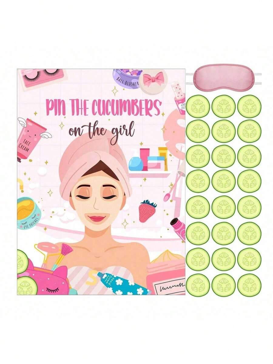 Spa Party Game Kit - 38pcs Set With Pin The Cucumbers Poster, Blindfolds & Stickers - Perfect For Makeup Parties & Spa Themed Events