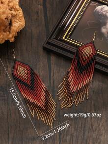 SOUL BEADING Bohemian Handmade Tassel Earrings For Women, Vintage , Red & Black Geometric Rhombus Pattern, Long Swinging Tassel Pendant, Suitable For All Seasons, Versatile For Daily Wear, Vacation, And Gift Giving - Red - View 2