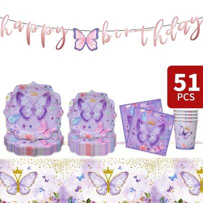 Soft Pastel Purple Butterfly Crown Petal Shaped Disposable Plates, Napkins, Cups, Tablecloth And Banner Set, Party Supplies Set For 8 Guests, Suitable For Birthday, Wedding, Theme Party, Family Picnic