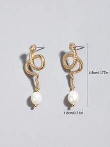 1 Pair Fashionable Minimalist Cultured Pearl/Snake Shaped Earrings, Suitable For Daily Wear - Gold - View 6