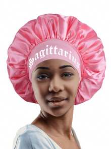 1pc Satin Sleep Cap, 12 Zodiac Patterns, Customizable, Wide Elastic Design, Suitable For Sleeping Wear - Coral Pink - View 5