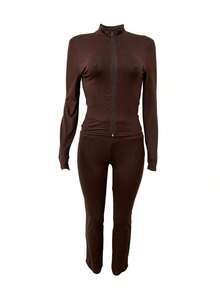 Autumn/Winter European And American Style Women's Fashion Zip-Up Cardigan, Fitted Top And Loose Wide-Leg Pants Set - màu nâu - Xem 5