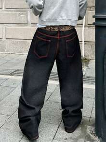 1件男士复古街头刺绣阔腿裤，时尚宽松高街牛仔裤，四季皆宜（不含腰带或配饰） - 黑色 - 查看 7
