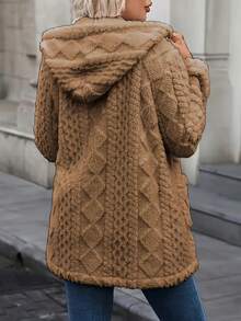 Solid Color Fluffy Front Button Knitted Hoodie Cardigan Women, Fuzzy Textured Long Coat, Plaid Pattern, Casual Autumn/Winter Clothes For Women Christmas - Cà phê nâu - Xem 4
