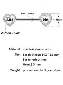 1Pair 14G 316L Heart Shaped Diamond Symmetric Nipple Ring Surgical Steel Nipple Ring Body Piercing Women's Jewelry,Daily Wear