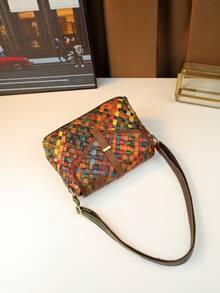 复古真皮编织拼接女士单肩斜挎包，小方包 - 彩色 - 查看 2