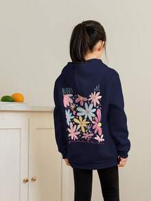 1件少女休闲印花套头卫衣，保暖内衬，长袖，秋冬季学生青少年服装