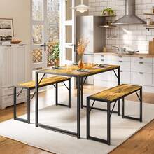 3-Piece Dining Table Set For 4,  Kitchen Table Set With 2 Benches, Dining Room Table Set With Adjustable Foot Pads,Room Deocr,Retro, Christmas Gift - Rỉ Nâu - Xem 3