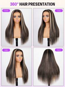 MEGALOOK 挑染高光100%真人发丝柔顺直发假发，6x5预剪蕾丝，预漂白发结，无需胶水，轻松佩戴，12-30英寸挑染彩色假发 - 新手友好，自然逼真，适合日常佩戴，可打造办公室、僵尸新娘、万圣节、派对、Y2K、坏女孩、度假、户外角色扮演、校园、学校假期、圣诞节、派对、婚礼、节日等各种场合，适合女性佩戴。 - SNATURAL/27 - 查看 5