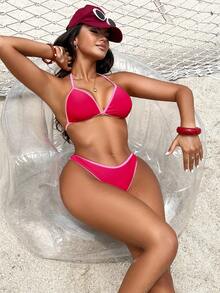 女士时尚撞色滚边露背挂脖比基尼套装，适合海滩派对 - 紅色 - 查看 4