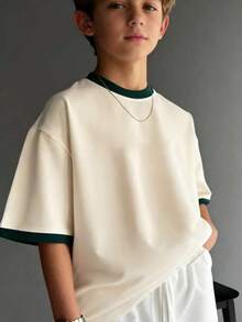 Tween Boys' Casual Colorblock Round Neck Short Sleeve T-Shirt, Summer Top - Apricot - View 1