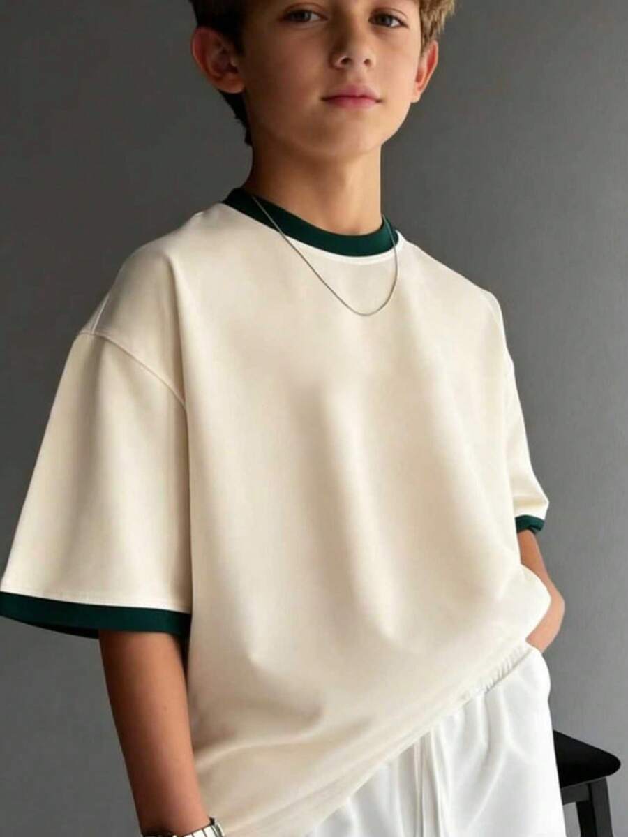 Tween Boys' Casual Colorblock Round Neck Short Sleeve T-Shirt, Summer Top - Apricot - View 1