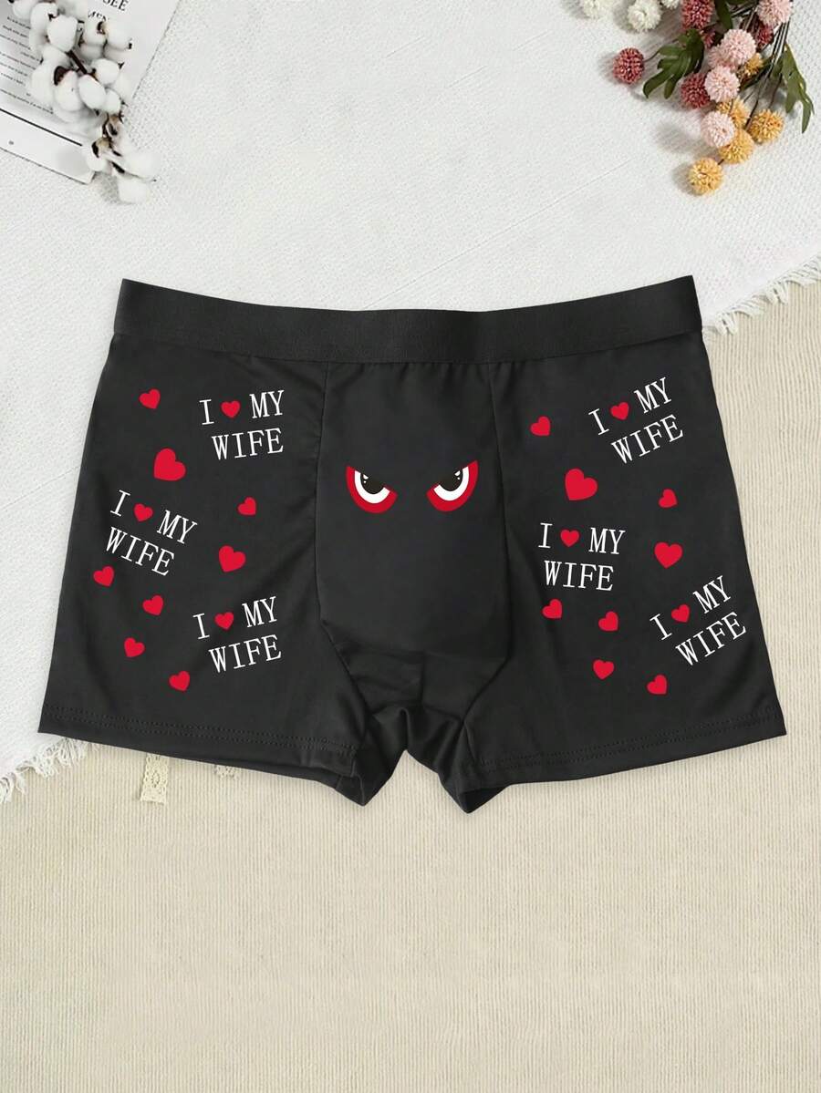 Men's Comfortable Underwear With Letter & Heart Print Pattern, Thin Breathable Stretchy Everyday Briefs - Black - View 1