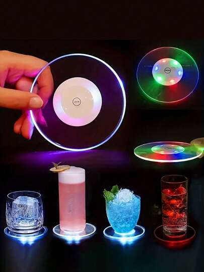 1pc Ultra-Thin Acrylic Crystal LED Coaster - Round Glowing Drink Mat With Flashing Colors - Modern Bar Bartender Lighting Base, Suitable For Dining Table Decor
