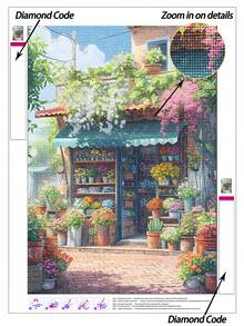 |5D DIY Diamond Painting| Blooming European Florist Shop Adorned With Vines DIY Diamond Art Kit, Sunlit Pastel Backdrop & Flower Accents Canvas Wall Art Print. Home Decor Diamond Painting, Mosaic Kit, DIY Your Own Wall Art - Multicolor - View 8
