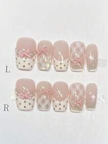 10 móng tay giả thủ công nguyên chất, độ dài trung bình, hình vuông, màu hồng và trắng, đính kim sa, nhẹ nhàng, dễ thương, ngọt ngào, dành cho phụ nữ và bé gái, thích hợp cho mùa xuân, hè, thu đông, các dịp lễ và sử dụng hàng ngày. - Hồng - Xem 1