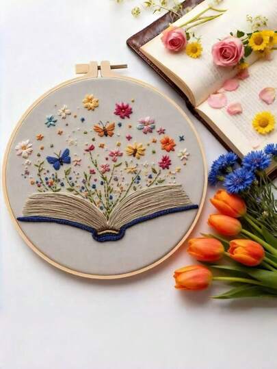 1pc New Creative Book & Floral Pattern Handmade Embroidery DIY Kit, Ideal For Home Decor, Holiday Gifts, Room Decoration, Comes With English Instructions Suitable For Beginners