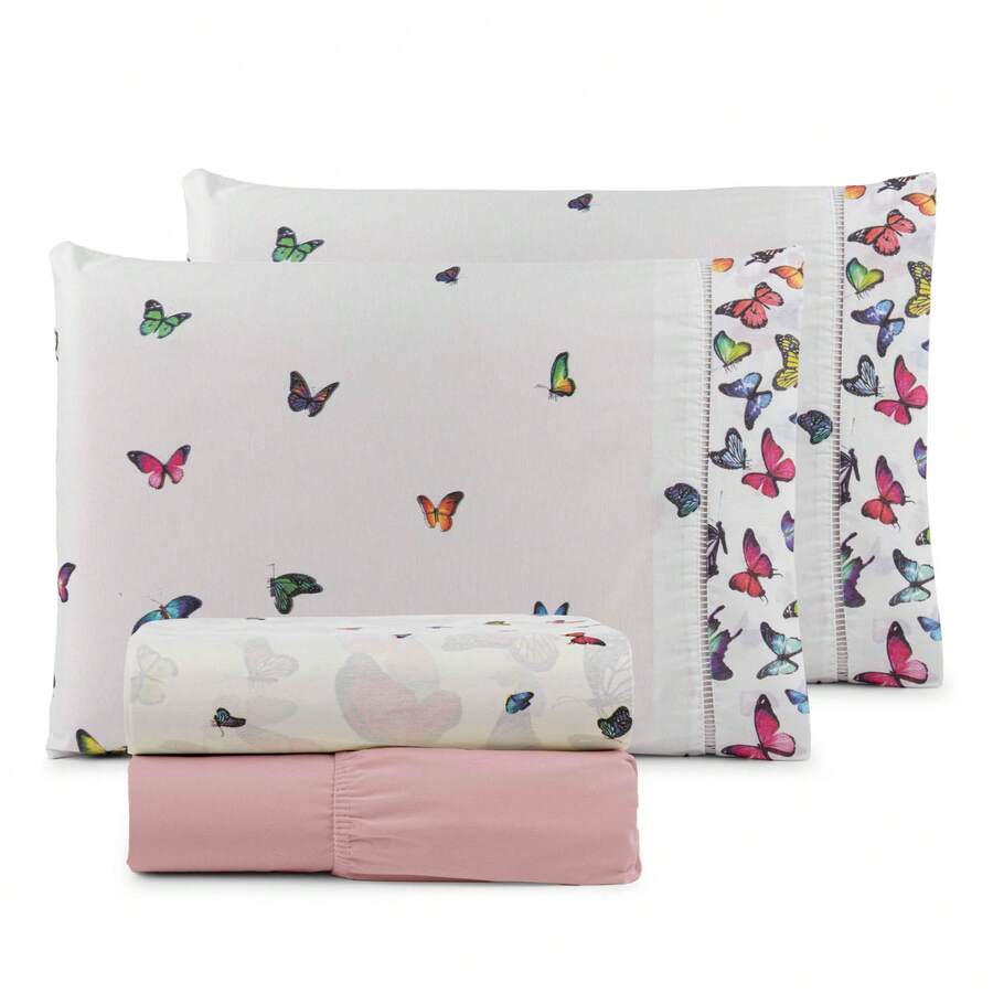 4-Piece Sheet Set, 100% Cotton Percale, Single, Double, Queen, King Sizes - Colorful Butterfly - View 1