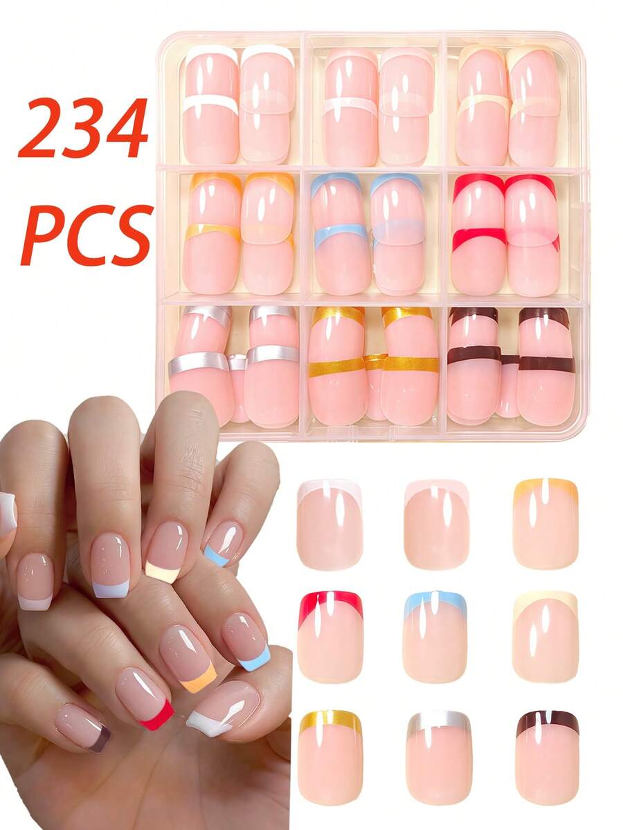 234pcs Short Square Press-On Nails Instantly Upgrade Your Look! Minimalist Pink, White, Black, Red, Silver, French Full Cover False Nail Set, Suitable For Women And Girls To Wear For Parties, Dates, And Daily Office - Multicolor - View 1