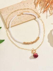 1 Set Elegant Faux Pearl Rose Flower Pendant Necklace, Fashionable & Versatile Jewelry Gift For Women, Suitable For Dates, Parties, Gatherings