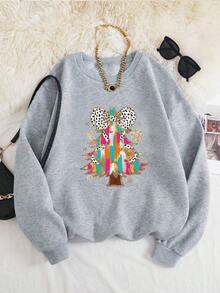 Colorful Bow & Christmas Tree Cartoon Letter Print Fleece Crew Neck Sweatshirt, Autumn/Winter - Light Grey - View 1