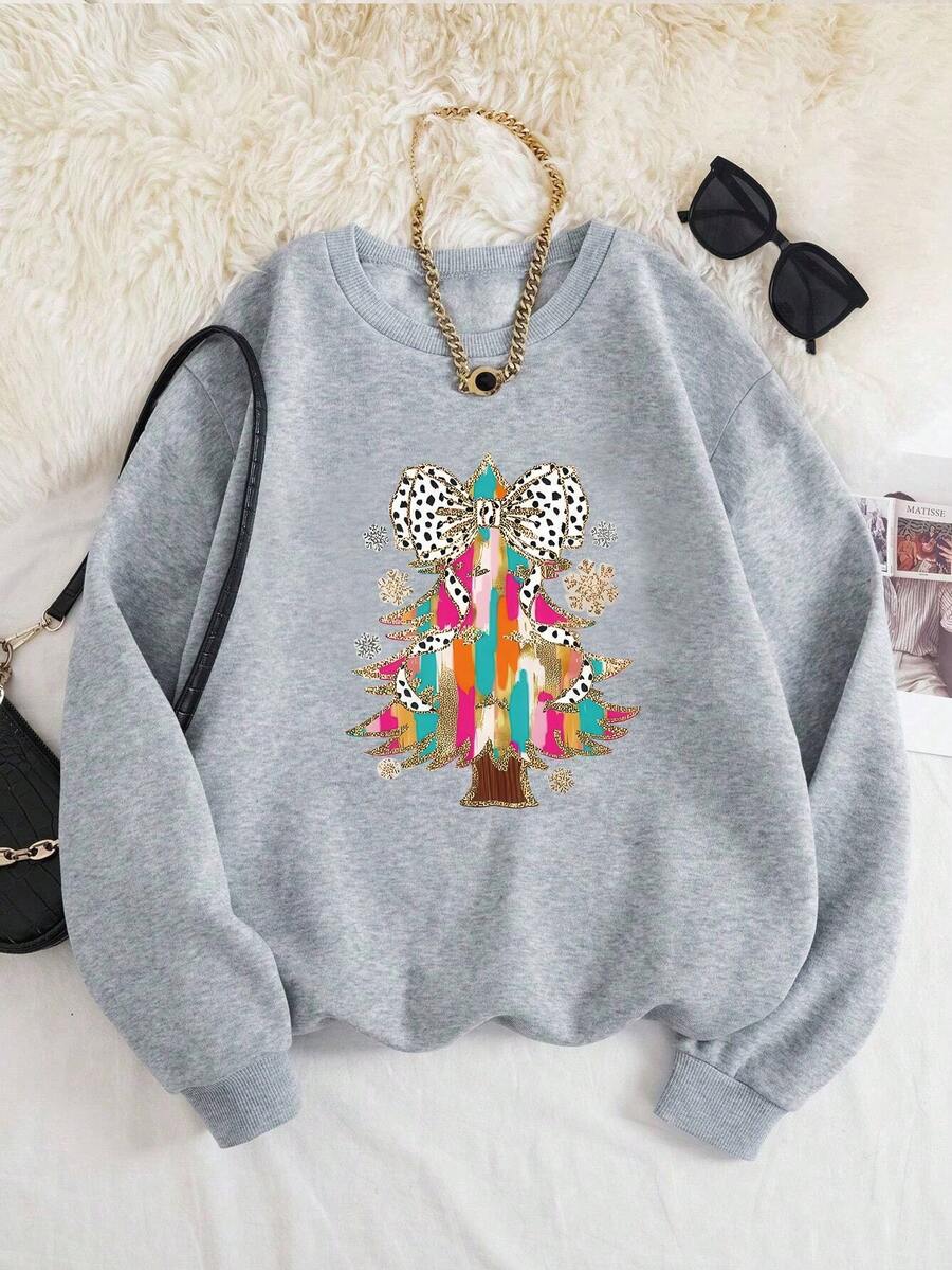 Colorful Bow & Christmas Tree Cartoon Letter Print Fleece Crew Neck Sweatshirt, Autumn/Winter - Light Grey - View 1