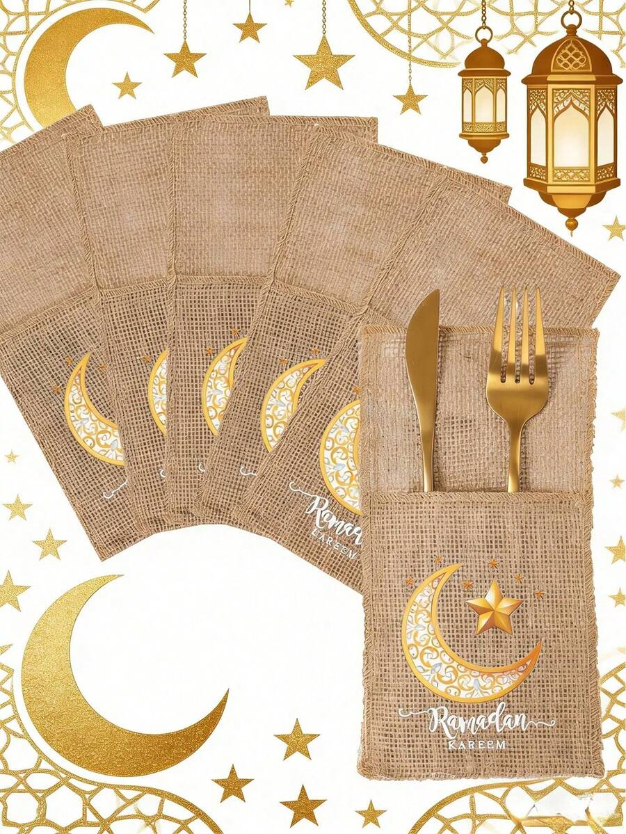 5Pcs Festival Kareem Linen Utensil Holders, Burlap Cutlery Pouches With Stars, Moon Design, Tableware Pouch Bag, Knife Fork Bags (Excluding Knives And Forks) Islamic Party Supplies, Table Decorations, Festival Kareem Party Supplies, Festival Decorations, Festival Decorations For Home, Decorations, Festival Celebration Accessories, Kitchen Supplies, Table Decor, Home Kitchen Organization, Arab Festivals, Islamic Festivals, Eid Mubarak, Ramadan