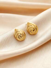 1pair Retro Luxe Style Gold-Plated Stainless Steel Waterdrop Swirl Texture Shell-Shaped Stud Earrings For Women Daily Wear & Party Occasions - water droplets - View 2