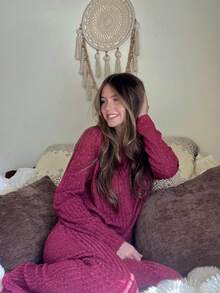 tooluck Round Neck Ribbed Casual Suit With Slit Hem Long Pants Casual Suit Fall Clothes For Women - Màu Đỏ Sâu - Xem 4